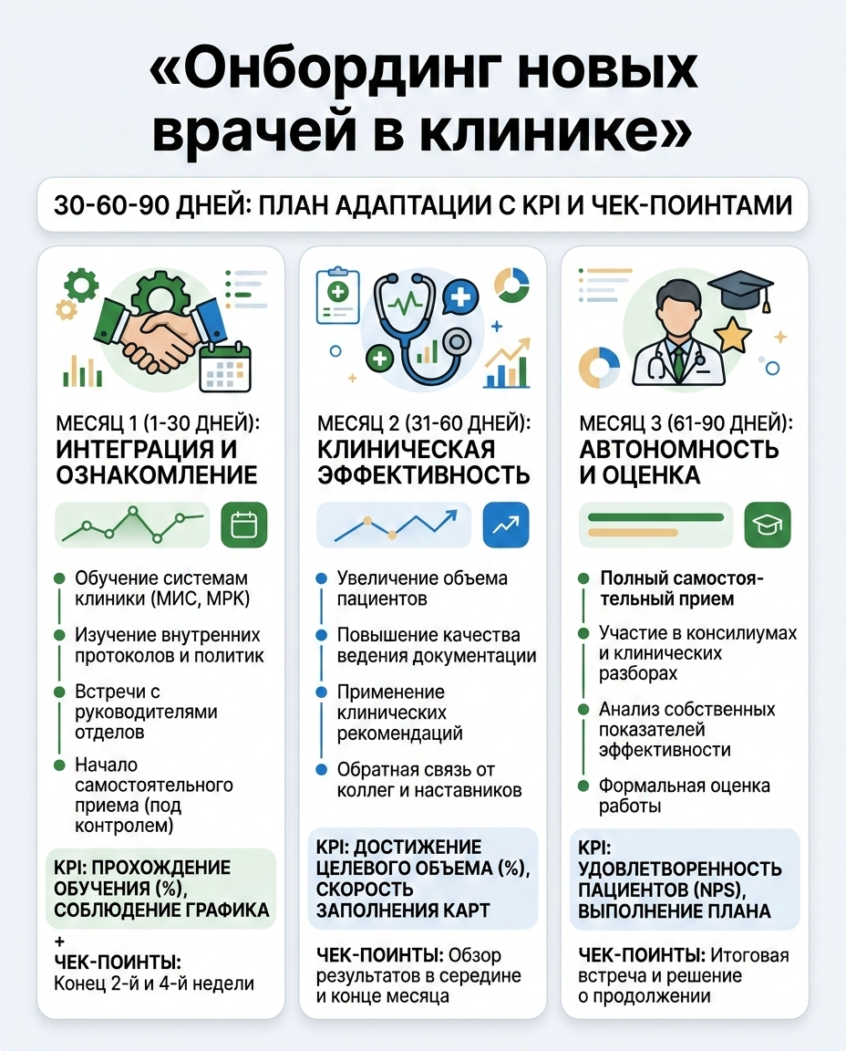 Инфографика: Чек-лист адаптации нового врача (1-30 дней)