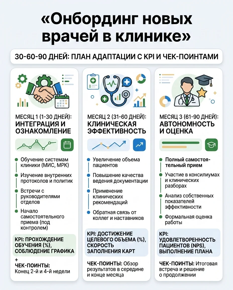 Инфографика: Чек-лист адаптации нового врача (1-30 дней)