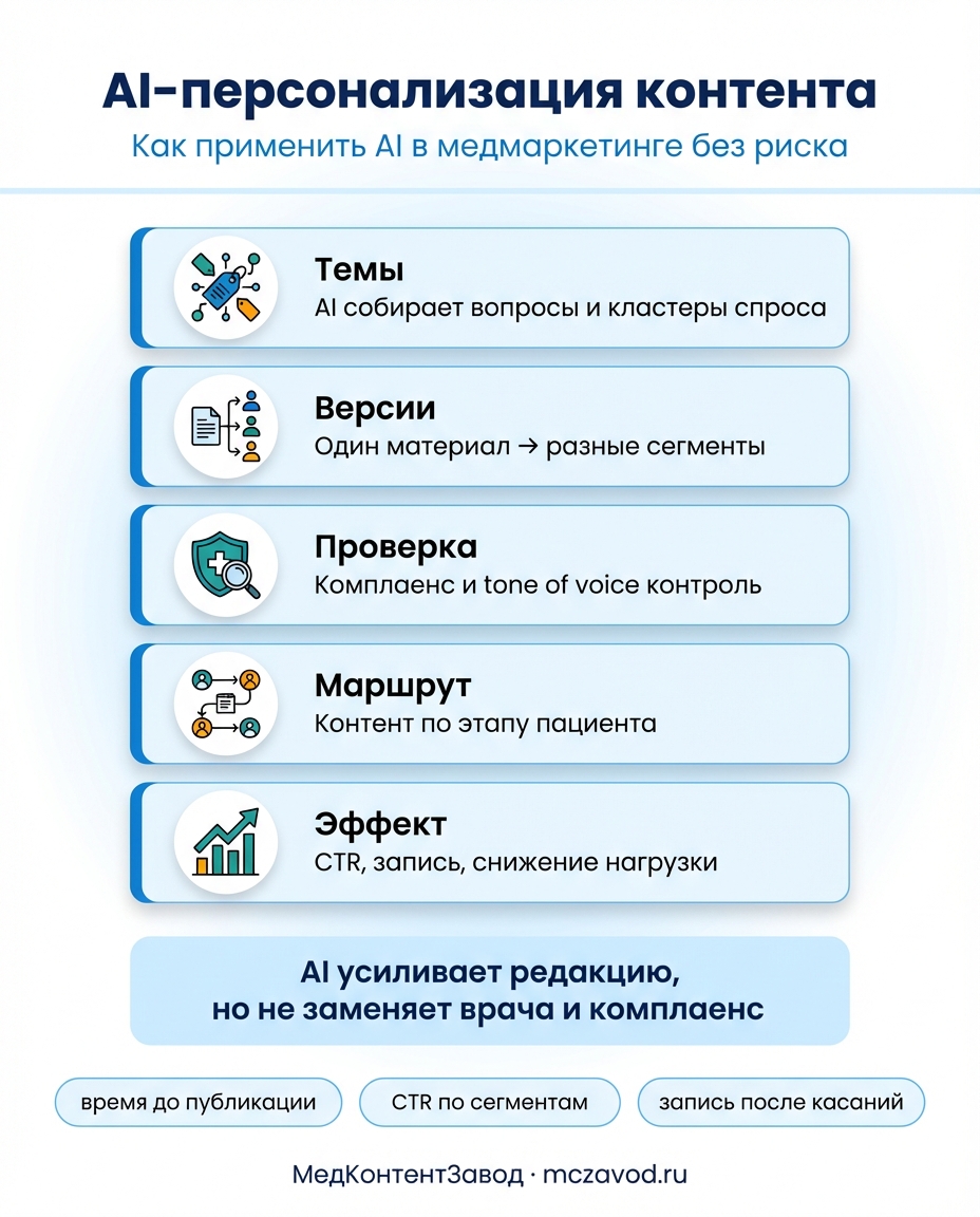 Инфографика к статье: Персонализация контента с помощью AI: кейсы и тактики для медиков