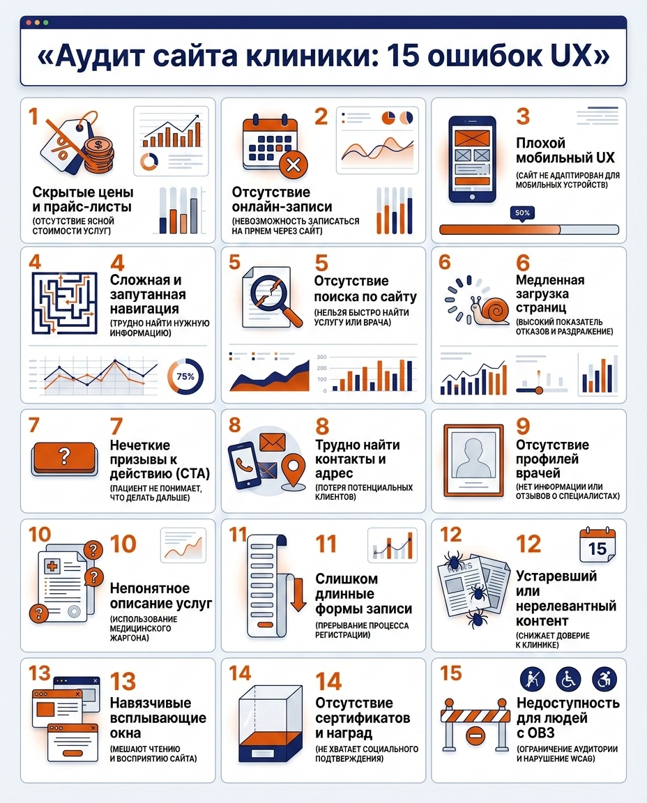 Инфографика: Чек-лист главных ошибок на сайте клиники