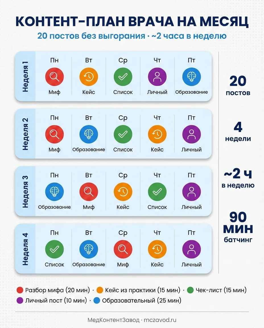 Контент-план врача на месяц: 20 постов, 4 недели, 5 форматов с цветовой кодировкой