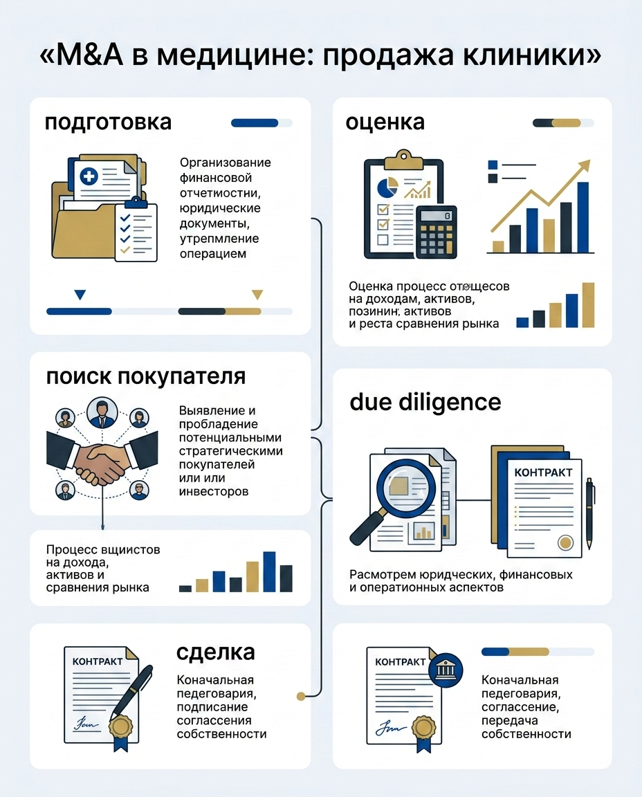 Инфографика: Этапы проверки клиники перед сделкой M&A (Due Diligence)