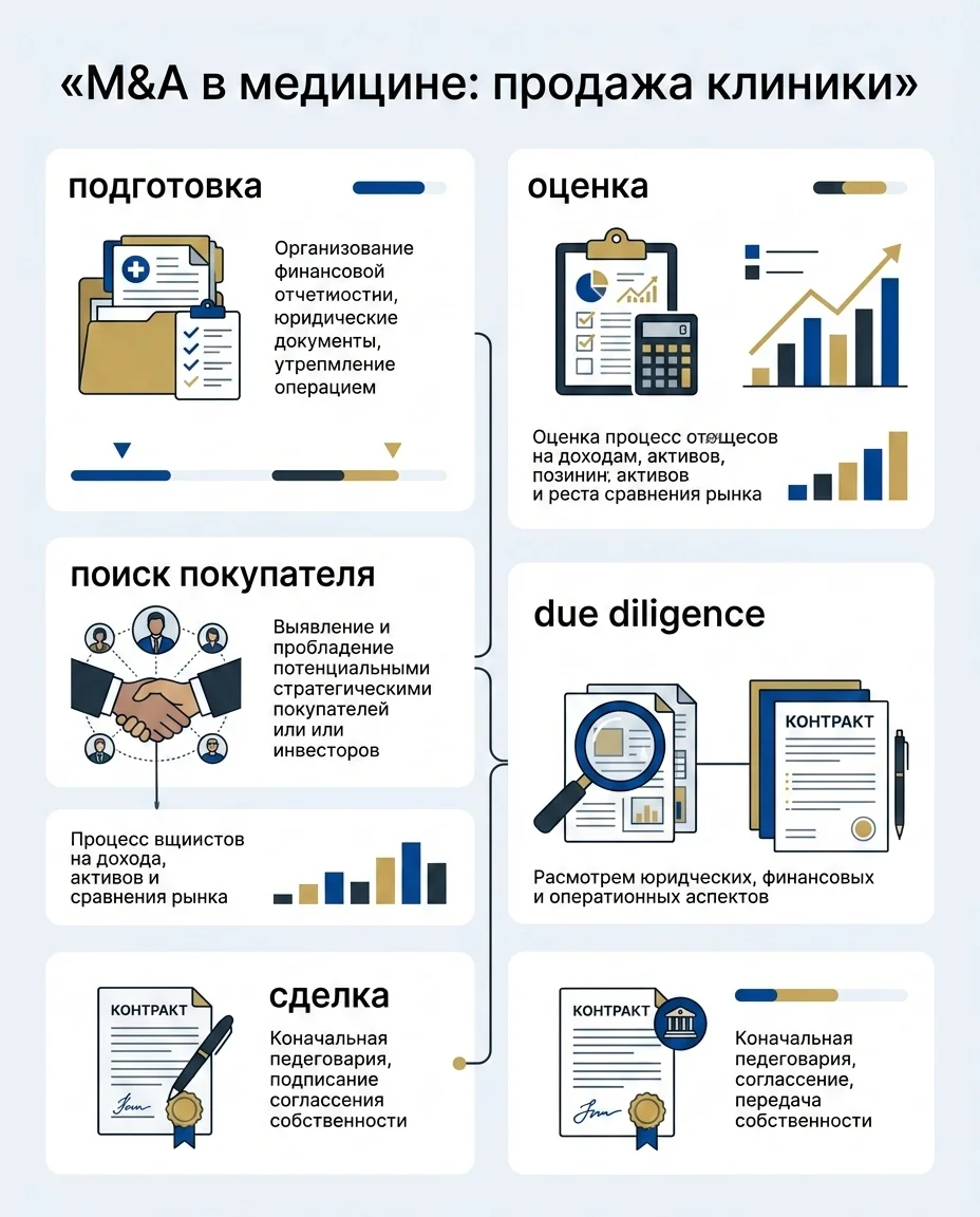 Инфографика: Этапы проверки клиники перед сделкой M&A (Due Diligence)