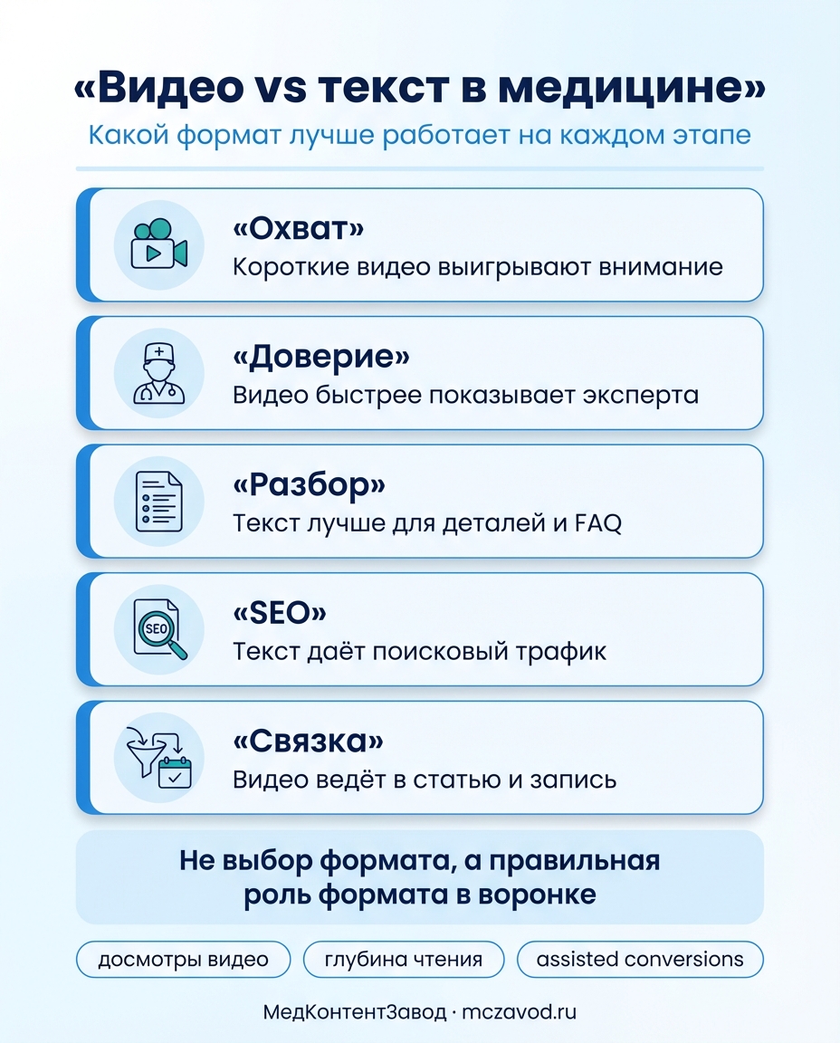 Инфографика к статье: Медицинский видео-контент vs текст: формат, который получает клики и доверие